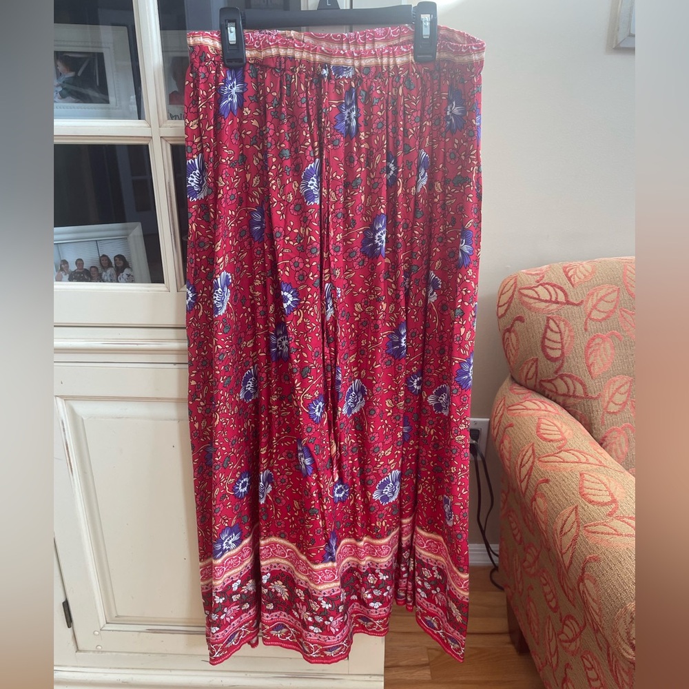 Red Floral 100% Rayon Maxi Skirt-Large